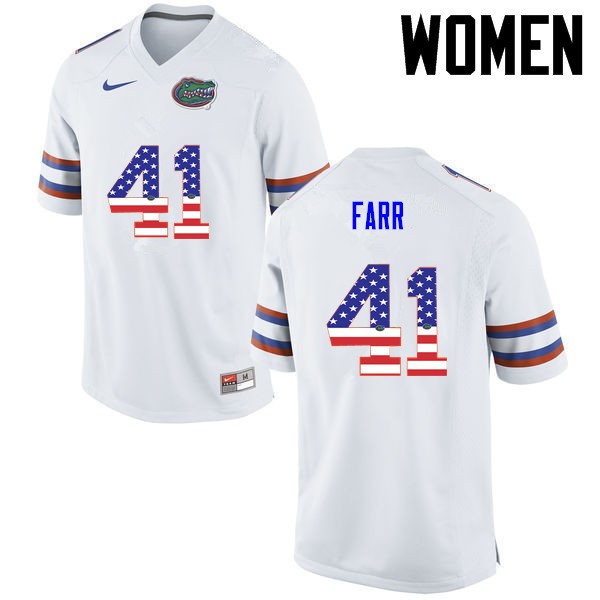 Florida Gators Women #41 Ryan Farr College Football USA Flag Fashion White
